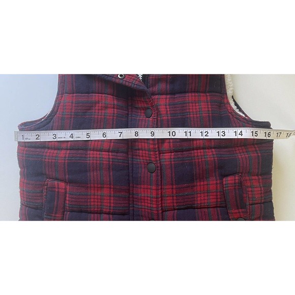 Skies Are Blue Sherpa Lined Plaid Vest Red Blue Pockets Snap Zip Size XS - Picture 7 of 8